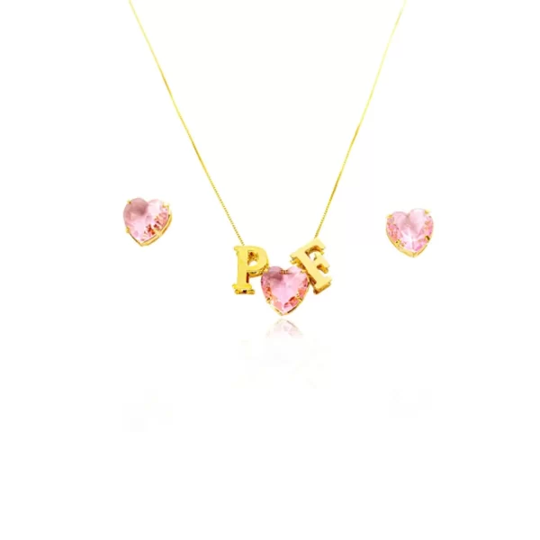 Conjunto de coração com letras banhado a ouro 18K
