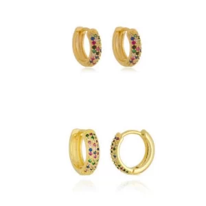 Kit de argolinhas dupla cravejadas em zircônias coloridas banhado a ouro 18K