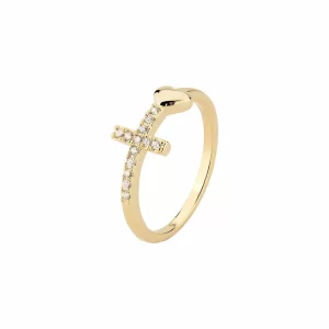Anel cruz cravejada e coração liso banhado a ouro 18k