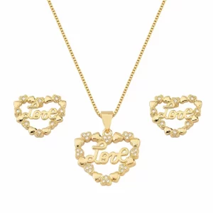 Conjunto Love cravejado em zircônia Banhado a ouro 18k