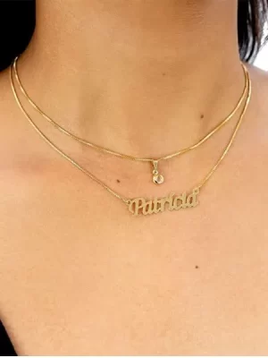 Colar duplo personalizado com nome e ponto de luz banhado a ouro 18k