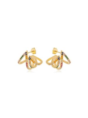 Brinco com design 4 fios cravejados em zircônias coloridas banhado a ouro 18k