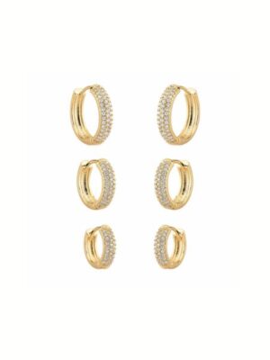 Kit de brincos de argolas cravejadas em zircônia banhada a ouro 18k