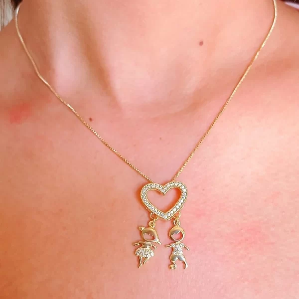 Colar casal de filhos cravejado em zircônias banhado a ouro 18k - Image 2