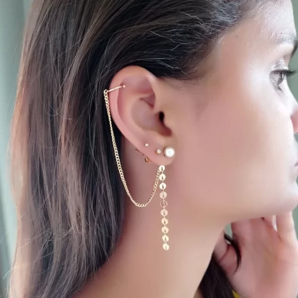 Brinco ear line pérola banhado a ouro 18k - Image 3
