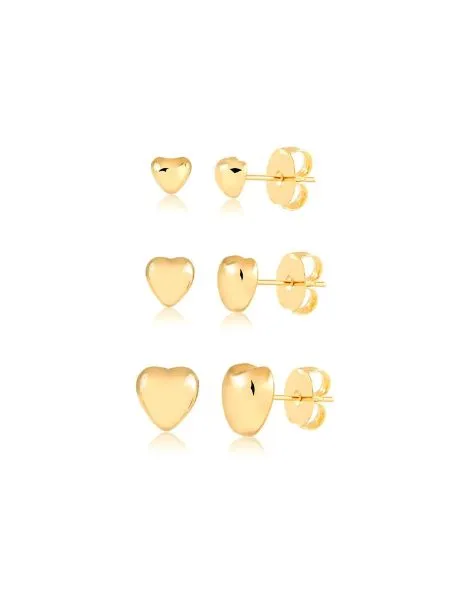 Trio de Brincos de Coração Liso Banhado a Ouro 18k