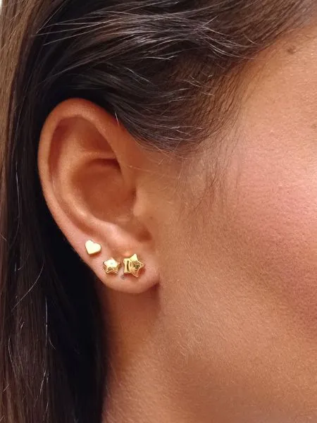 Trio de Brincos Estrela e Coração Banhado a Ouro 18k