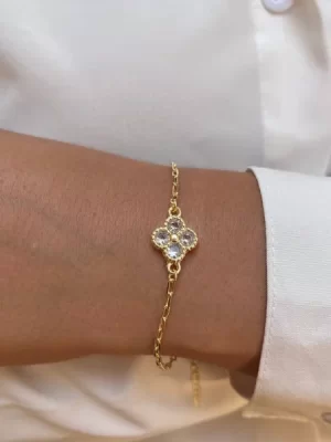 Pulseira Flor Cristal Incolor Banhada a Ouro 18K